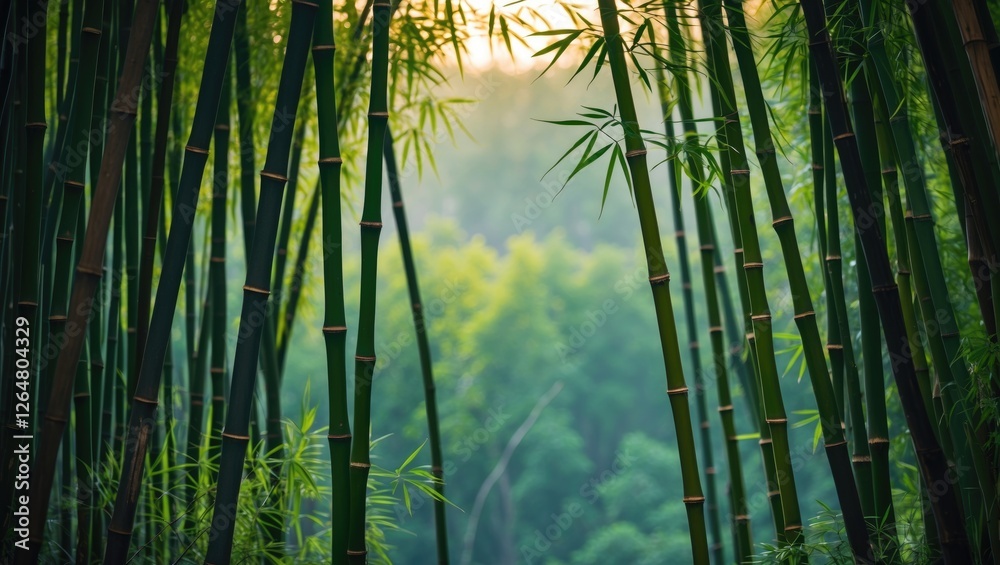 Lush green bamboo forest with tall bamboo stalks and soft morning light creating a serene natural ambiance Copy Space Lush green bamboo forest with tall bamboo stalks and soft morning light creating a serene natural ambiance Copy Space