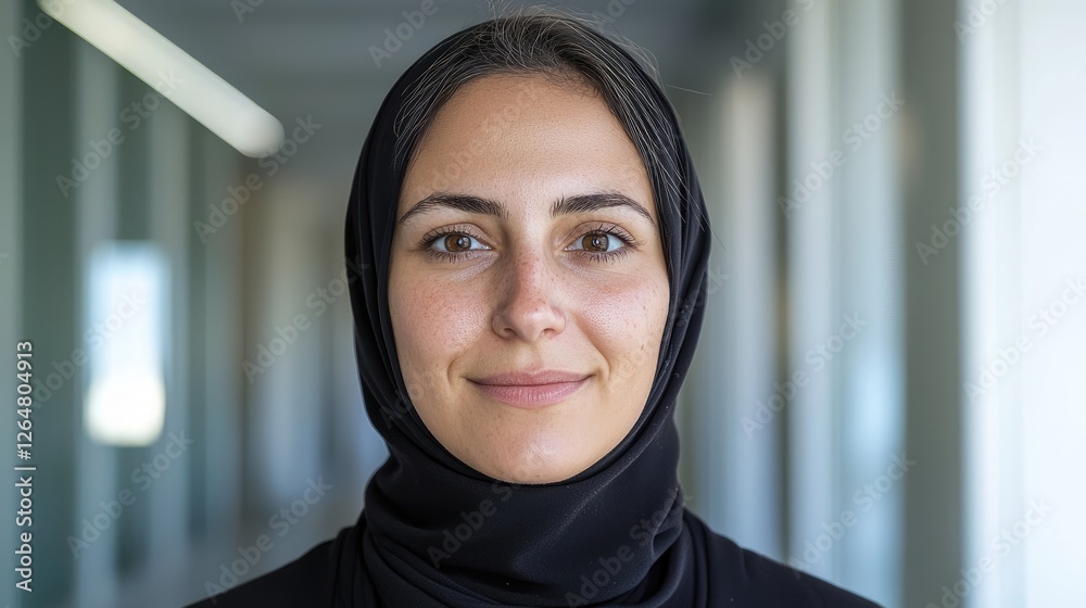 Woman in hijab, professional setting, smiling, workplace portrait Woman in hijab, professional setting, smiling, workplace portrait
