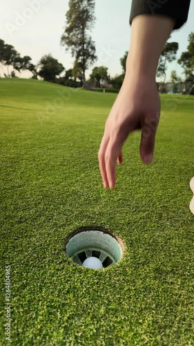 A person is standing on a golf course, holding a golf club and preparing to hit a golf ball