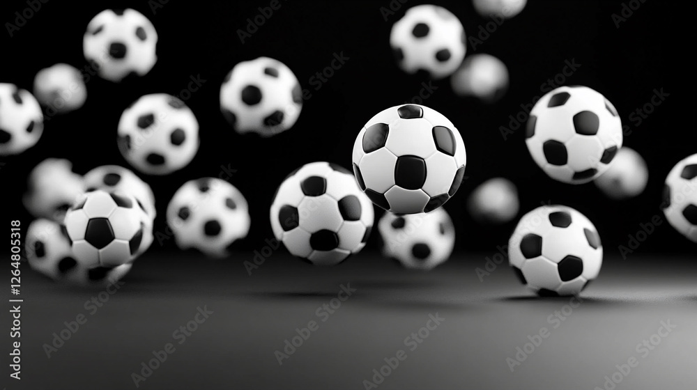 Black Background With Floating Soccer Balls Creating a Dynamic Visual Display of Sport Energy Black Background With Floating Soccer Balls Creating a Dynamic Visual Display of Sport Energy