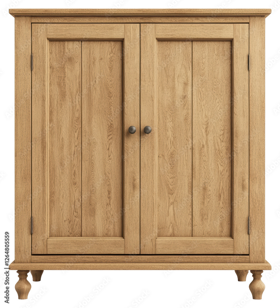 Wooden Double Door Cabinet with Round Knobs on Transparent Background