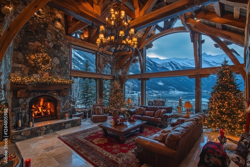 Cozy winter retreat in a mountain lodge featuring a fireplace and Christmas decorations