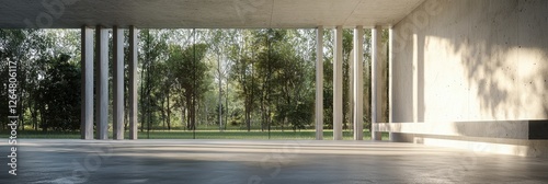A large, open concrete space with tall glass windows overlooking trees and grass. Sunlight shines through the windows
