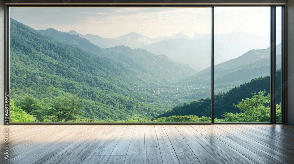 Fototapeta premium A large, open concrete space with tall glass windows overlooking trees and grass. Sunlight shines through the windows