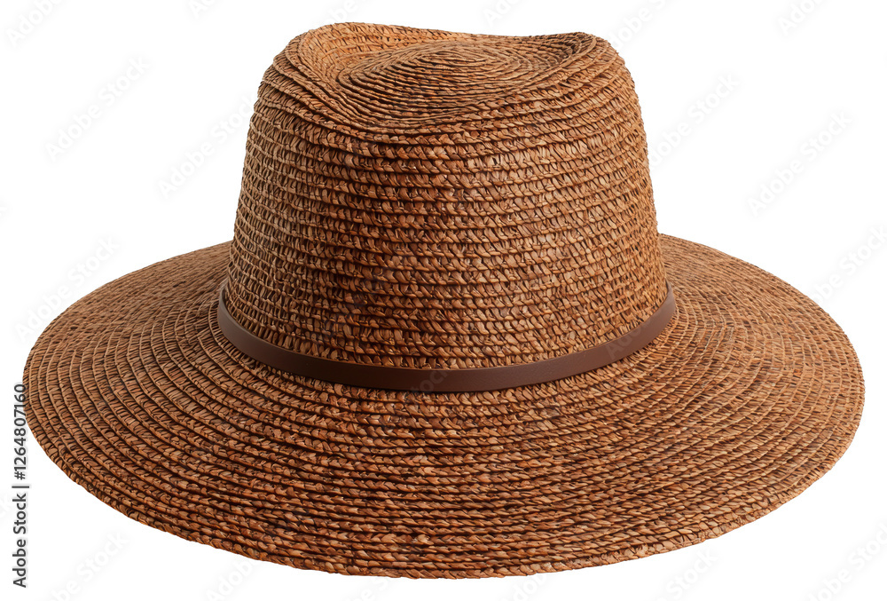Woven Brown Straw Hat with Leather Band on Transparent Backdrop for Fashion Accessory Woven Brown Straw Hat with Leather Band on Transparent Backdrop for Fashion Accessory