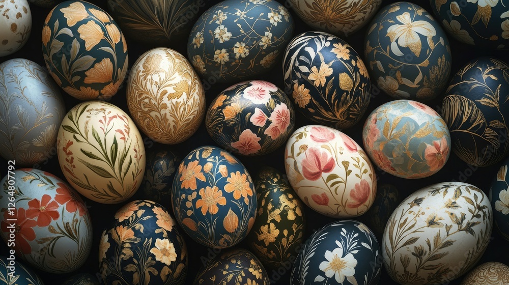 Close-up of Easter eggs with floral patterns Close-up of Easter eggs with floral patterns