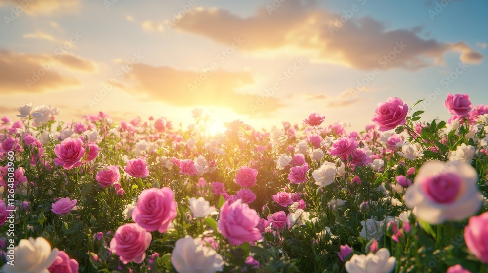 Vibrant Pink and White Roses Blooming Under a Scenic Sunset Sky Vibrant Pink and White Roses Blooming Under a Scenic Sunset Sky