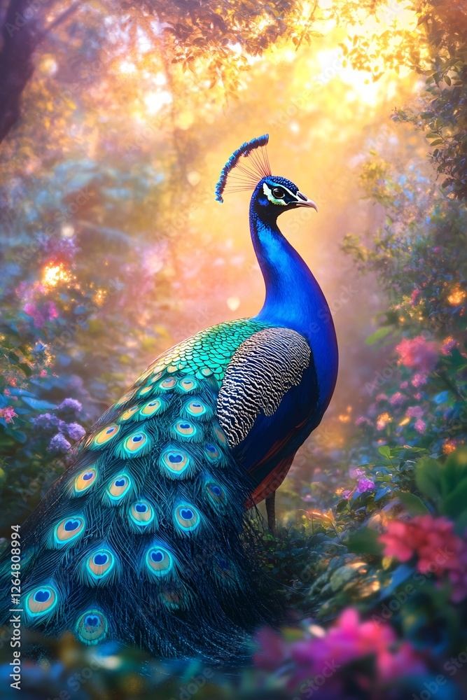 Fototapeta premium Majestic Peacock Displaying Vibrant Feathers in Enchanting Sunlit Garden