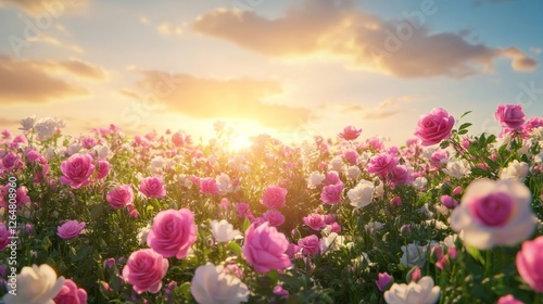 Vibrant Pink and White Roses Blooming Under a Scenic Sunset Sky