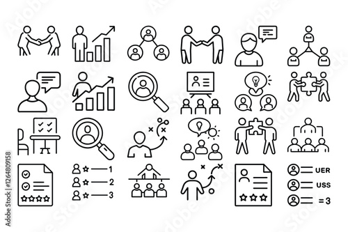 High quality outline vector icons for stakeholder business, representing teamwork, collaboration, corporate structure, leadership, and decision-making. Perfect for business presentations.