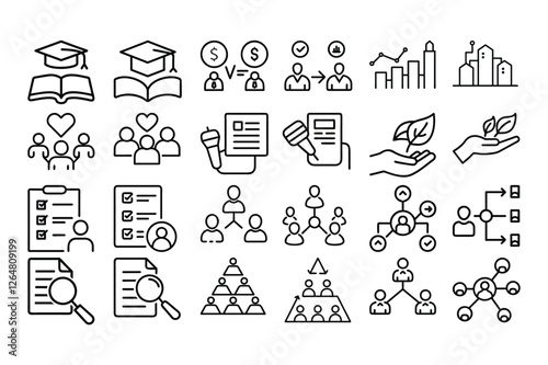 High quality outline vector icons for stakeholder business, representing teamwork, collaboration, corporate structure, leadership, and decision-making. Perfect for business presentations.