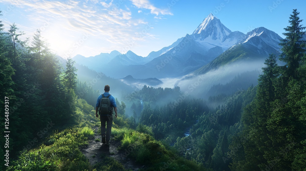 Man Hiking in Scenic Mountain Landscape with Lush Green Forest and Blue Sky Man Hiking in Scenic Mountain Landscape with Lush Green Forest and Blue Sky