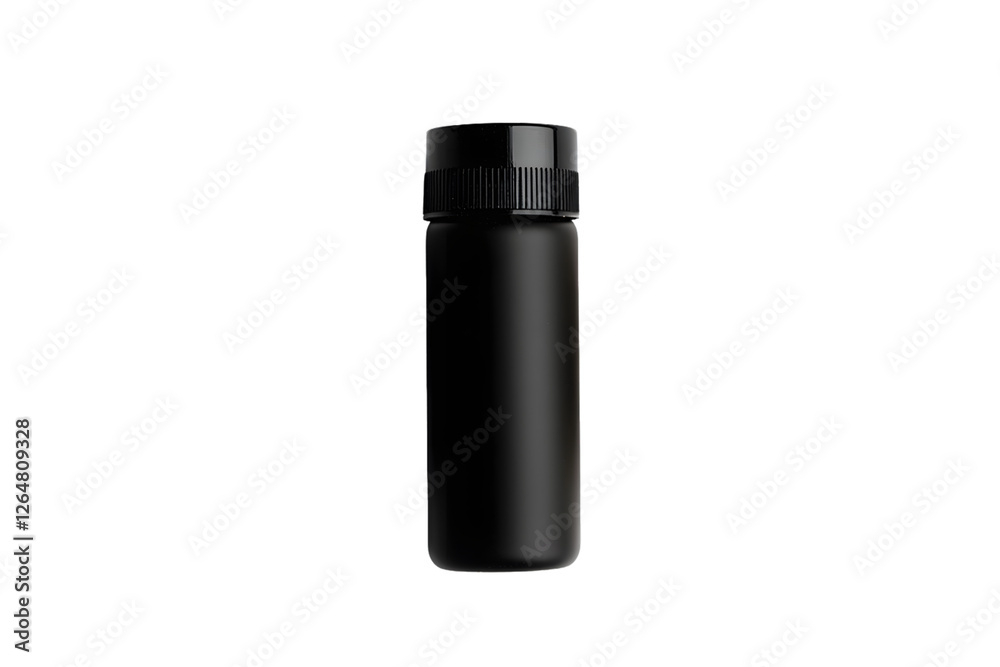 Black cylindrical bottle with a black cap against a transparent background. Studio shot Black cylindrical bottle with a black cap against a transparent background. Studio shot