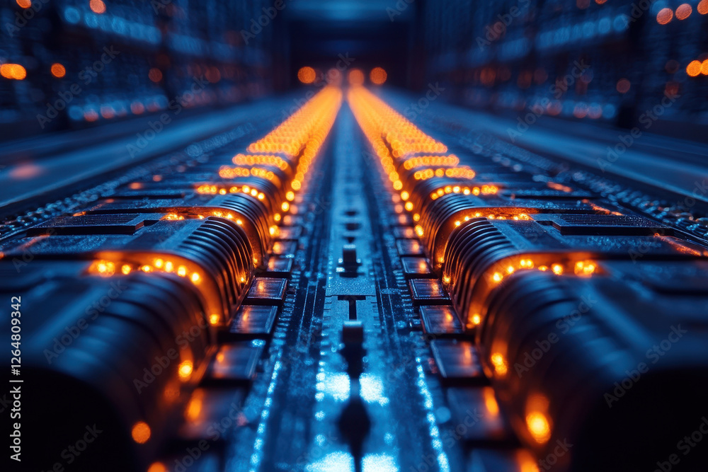 Illuminated circuitry and intricate technology in a data center at night Illuminated circuitry and intricate technology in a data center at night