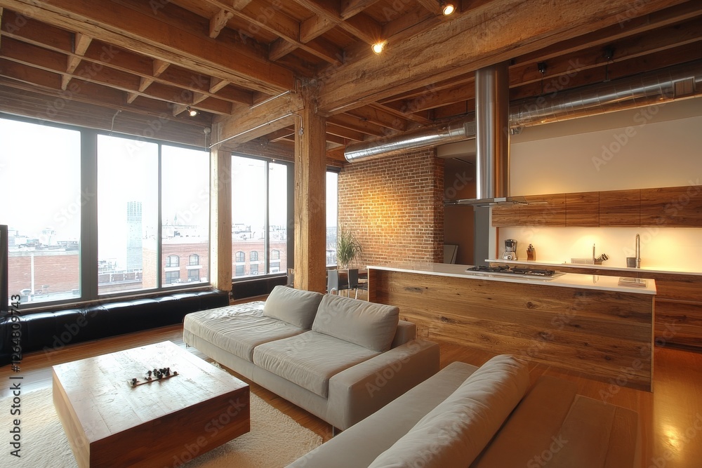 Modern loft interior showcasing open space design with natural light and wooden accents in urban setting Modern loft interior showcasing open space design with natural light and wooden accents in urban setting