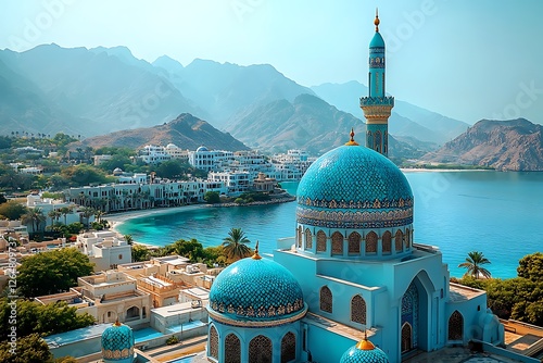 Stunning Blue Mosque with Coastal Cityscape in Oman