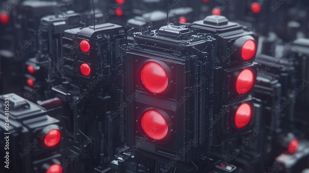 Red-lit futuristic machines in dense array, background blur, sci-fi concept