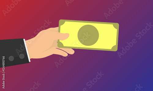 Hand in a black suit holding a blank banknote. Vector illustration representing financial transactions, payment, currency exchange, monetary value, bribe or economic activities