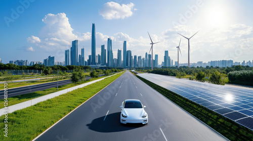 Harnessing renewable energy a futuristic urban landscape modern city visual illustration eco-friendly environment aerial view advancements