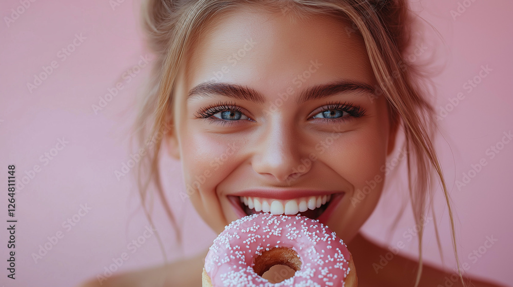 A radiant young woman enjoys a delightful pink donut, her eyes sparkling with happiness. The pastel background enhances the cheerful atmosphere of the moment A radiant young woman enjoys a delightful pink donut, her eyes sparkling with happiness. The pastel background enhances the cheerful atmosphere of the moment