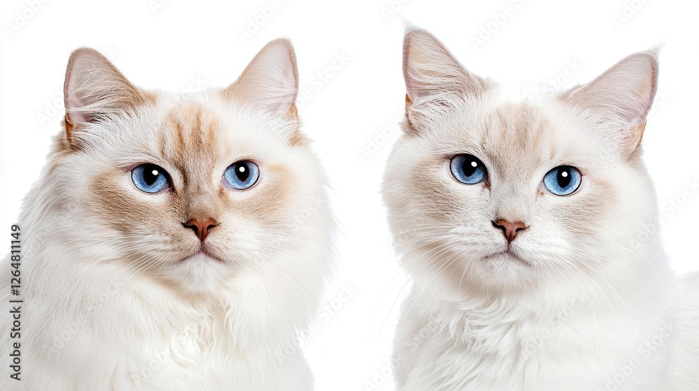 Two Ragdoll Cats With Blue Eyes On White Background Two Ragdoll Cats With Blue Eyes On White Background