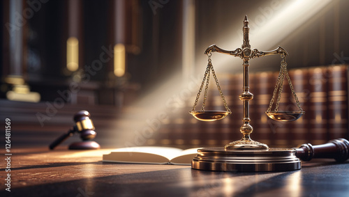 Symbolic Scales of Justice in a Classic Law Office traditional law office with stacks of legal books in the background photo