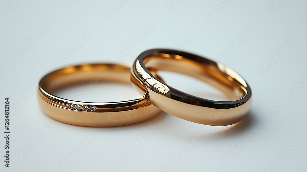Gleaming in soft light, two gold wedding rings sit closely together, showcasing their glossy surfaces and delicate designs. Their polished aesthetic reflects timeless love and devotion Gleaming in soft light, two gold wedding rings sit closely together, showcasing their glossy surfaces and delicate designs. Their polished aesthetic reflects timeless love and devotion