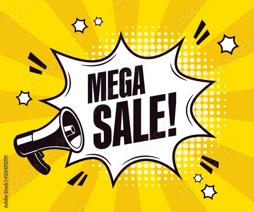 Sales promotion banner with text mega sale and megaphone in comic style. Vector illustration.