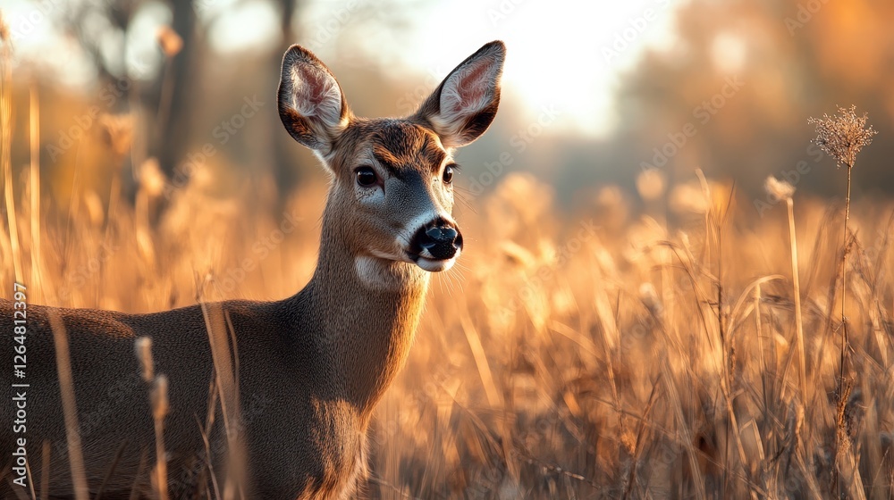 Deer standing in a sunlit autumn field with golden brown vegetation. Deer standing in a sunlit autumn field with golden brown vegetation.
