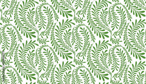Green fern pattern seamless on a white background. Elegant nature fern leaf pattern with swirling leaves, perfect for textiles, wallpaper, and decorative backgrounds.