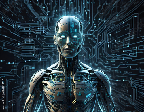 Futuristic scene with a glowing, humanoid AI figure seamlessly blending into a high-tech environment. Concept of Artificial Intelligence. Digital illustration. CG Artwork Background