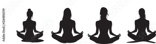 Yoga Meditation Silhouettes Vector Illustration on White Background