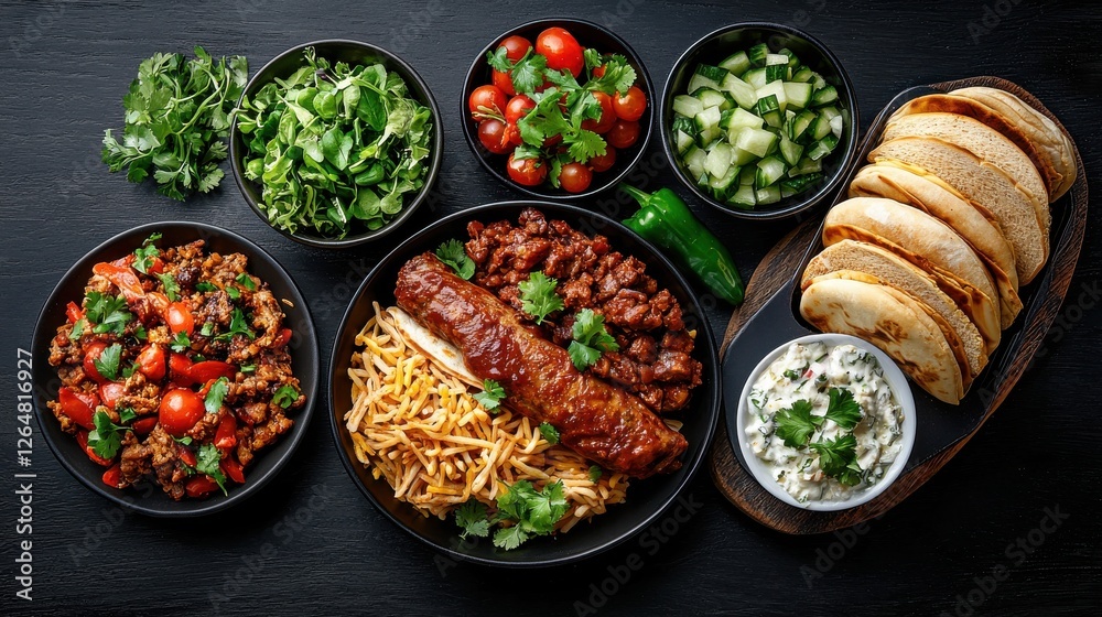 Vibrant array of freshly prepared nourishing homemade dishes including a hearty salad vegetables bread and savory condiments Vibrant array of freshly prepared nourishing homemade dishes including a hearty salad vegetables bread and savory condiments