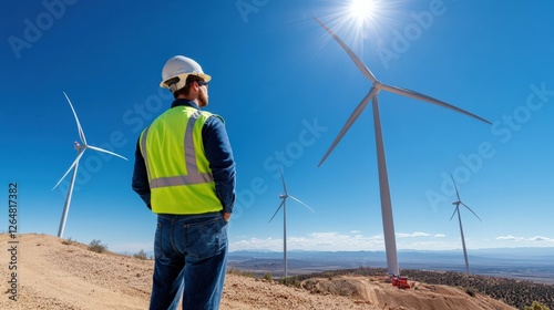 Renewable energy worker observing wind turbines remote wind farm photograph sunny landscape back view sustainable practices