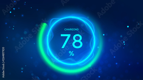 Battery charge 3d technology background. Car battery charging. Blue neon battery electric car vector.