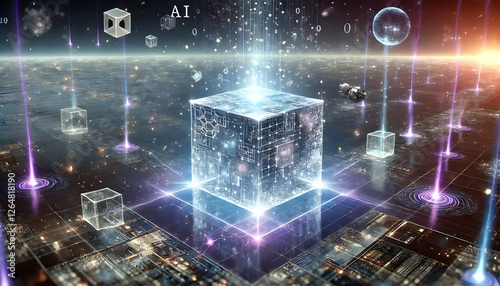 A futuristic, abstract entity with a glowing core, representing the AI's intelligence and data processing. Concept of Artificial Intelligence. Digital illustration.