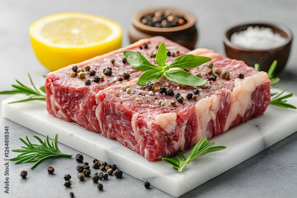 Fresh Raw Beef Steak with Peppercorns and Rosemary on Marble Board for Gourmet Cooking Fresh Raw Beef Steak with Peppercorns and Rosemary on Marble Board for Gourmet Cooking