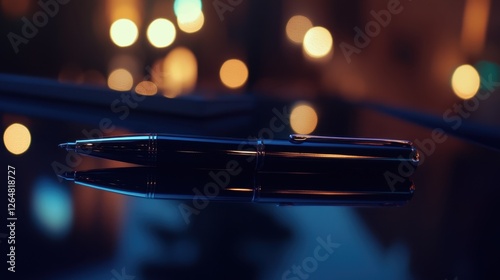 Business graph analysis with a sleek pen and glowing computer screen, soft lights behind.