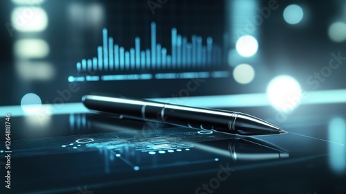 Business graph analysis with a sleek pen and glowing computer screen, soft lights behind.