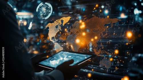 Businessperson analyzing global financial data on a tablet, with futuristic icons and a glowing world map in the background.