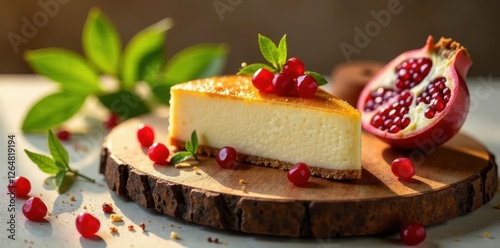 Wallpaper Mural A delectable slice of creamy cheesecake, adorned with vibrant red berries and a juicy pomegranate half, rests elegantly on a rustic wooden board, creating a visually appealing culinary scene. Torontodigital.ca