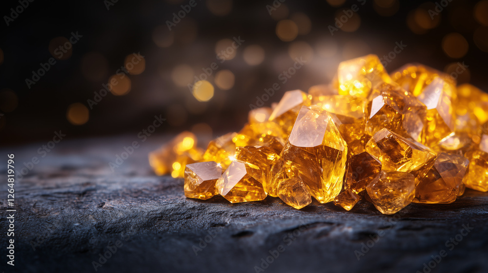 A group of yellow-orange crystals with bright highlights on a darkened surface. The crystals vary in height and have partially transparent facets. A group of yellow-orange crystals with bright highlights on a darkened surface. The crystals vary in height and have partially transparent facets.