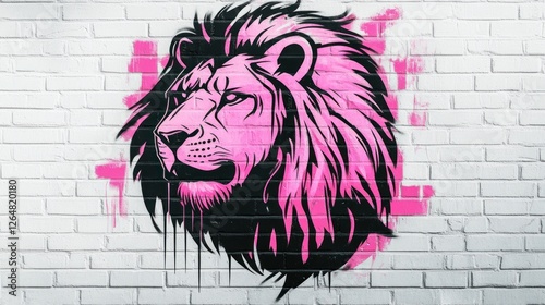 Pink graffiti lion head on white brick wall photo