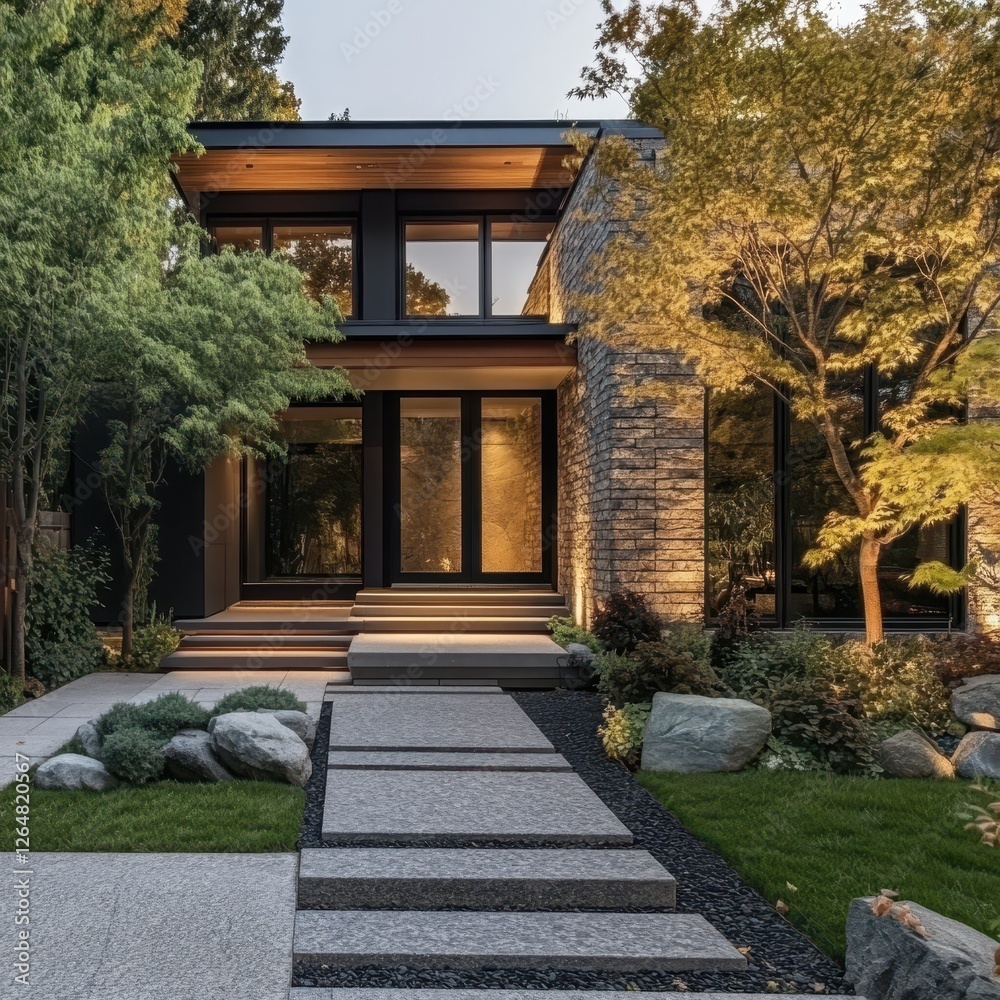 Modern home exterior with stone facade and landscaped walkway Modern home exterior with stone facade and landscaped walkway