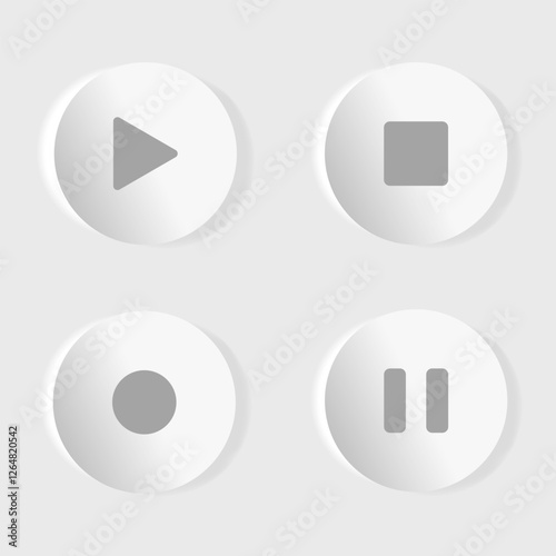 3D vector buttons in neumorphism style. Play, pause, record, stop button. Modern trend 3D design