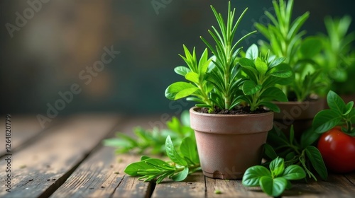 Lush Greenery in Terracotta Pots on Rustic Wooden Surface, Displaying Vibrant Springtime Herbs