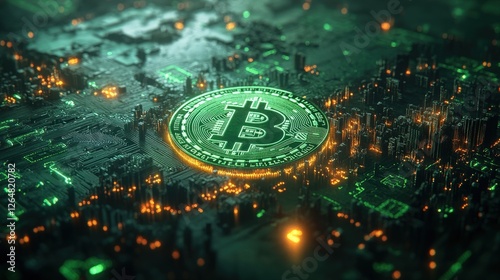Digital Blockchain Landscape with Bitcoin Symbol and Circuit Design