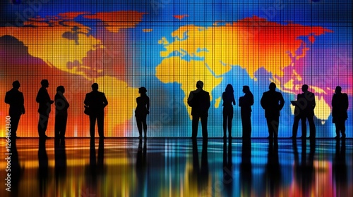Diverse group of business professionals analyzing global market trends with a world map on a digital screen.