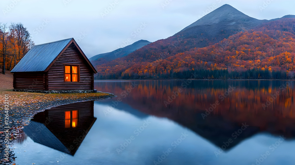 Fototapeta premium Lakeside cabin at dusk, autumnal mountain reflection, peaceful scene, travel brochure