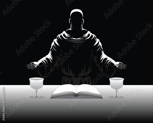 vector design illustration of a black and white silhouette of a person wearing a long robe with bright light from behind and above and he is performing a ritual and in front of him there are two cups 